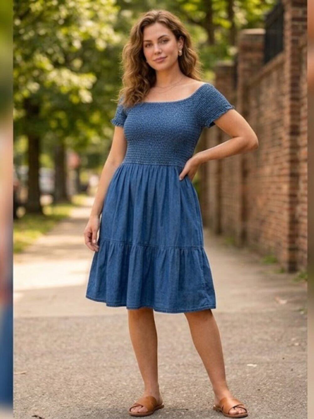M.P.H. Collections Blue 100% Cotton Denim Look Smocked Tiered Midi Dress XL
